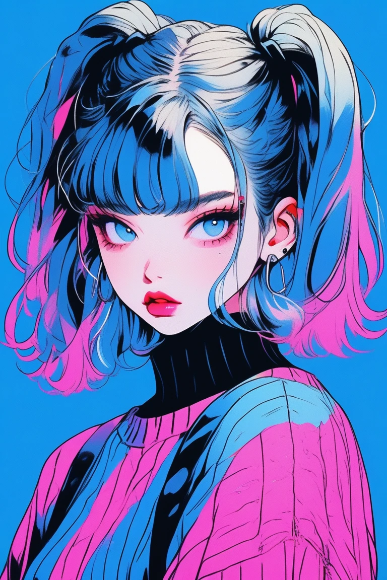 (best quality, sketch:1.2),realistic,illustrator,anime,1 girl, detailed lips, sweater, custom, blue gradient background, neon hair, pigtails,  blunt bangs, textured cropping, masterpiece, style retro classic, noir dark 