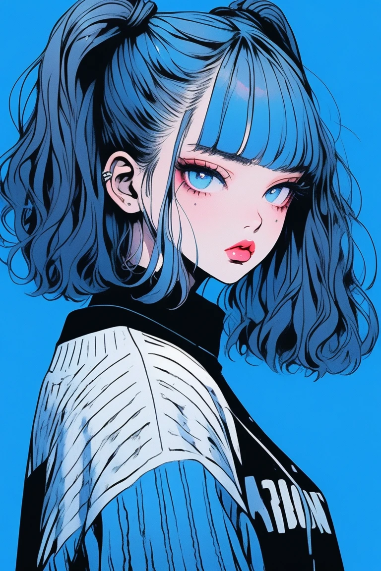 (best quality, sketch:1.2),realistic,illustrator,anime,1 girl, detailed lips, sweater, custom, blue gradient background, neon hair, pigtails,  blunt bangs, textured cropping, masterpiece, style retro classic, noir dark 