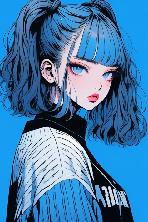 (best quality, sketch:1.2),realistic,illustrator,anime,1 girl, detailed lips, sweater, custom, blue gradient background, neon ha...