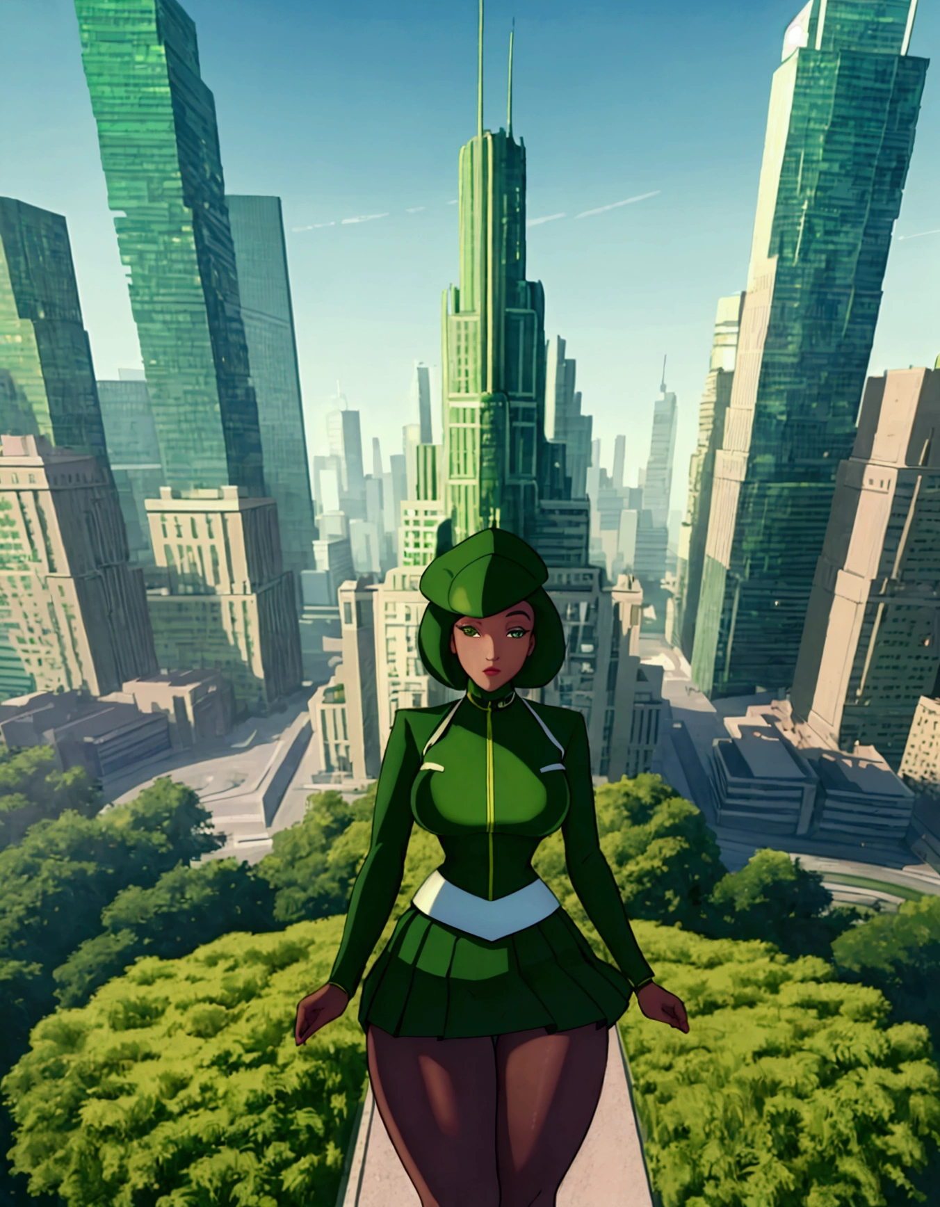 a  in a green miniskirt uniform, crossing a futuristic park, in the middle of a city in the future, outdoors, tall buildings, city, curves, (masterpiece, detailed, high resolution:1.4)