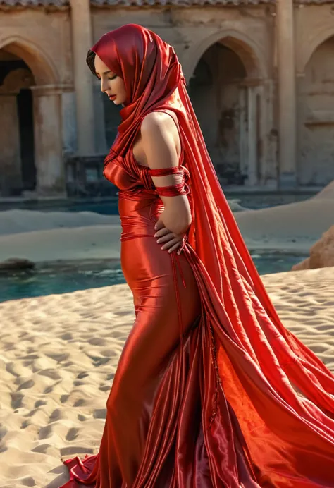 a sexy a woman covered in large red satin cloth, tied tightly with the satin cloth, mummified, the satin hanging down very long,...