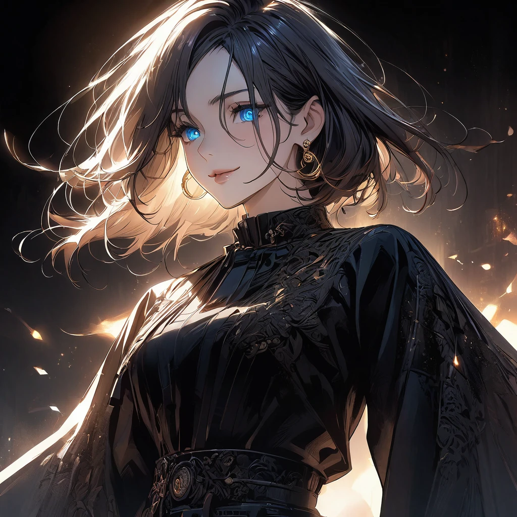 The image portrays a character illustrated in a highly detailed and high-resolution anime style. Here are some key features of the style in the character design: 1. **Detailed Line Work**: The lines in the character's hair, facial features, and clothing are very intricate and sharp, contributing to a sense of realism within the anime aesthetic. 2. **Lighting and Shading**: There is a pronounced use of lighting and shading, creating depth and emphasizing the contours of the character's face and hair. The lighting appears to be coming from behind, giving the character a glowing aura. 3. **Eye Detail**: The character's eyes are brightly colored and highly detailed, with intricate patterns that add a sense of liveliness and intensity. 4. **Hair Texture**: The hair is depicted with a high level of detail, including individual strands that flow naturally. The light enhances the dimensionality of the hair. 5. **Fashion Elements**: The character is wearing stylish round glasses and elaborate earrings, adding to a sophisticated look. The clothing is black and glossy, creating a contrasting effect with the lighter hair. 6. **Background**: The background features a softer, out-of-focus floral arrangement illuminated in blue, contributing to the overall mystical and elegant atmosphere of the scene. 7. **Expressive Features**: The character's expression is calm and confident, conveyed through subtle details in the eyes and the slight smile. This style can be used for creating visually compelling characters that stand out through meticulous attention to detail and striking visual effects.