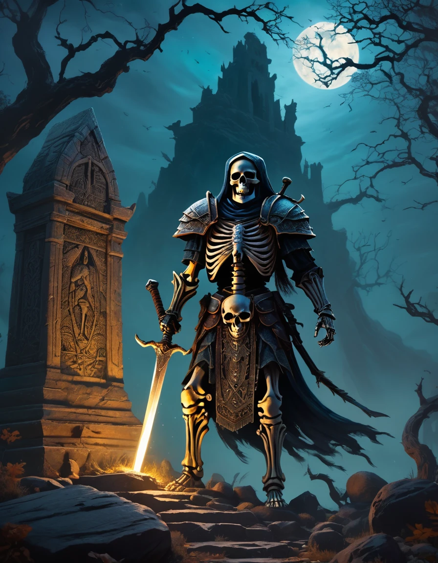 Imagine a chilling scene of a skeleton warrior standing atop an ancient tomb, shrouded in the eerie glow of the full moon. The warrior is adorned in ancient armor, rusted with age and battle-worn, with a helm that glints ominously in the moonlight. BREAK In one hand, the warrior holds a wickedly sharp sword, while the other hand is outstretched, as if beckoning you closer. The tomb beneath the skeleton is ornately decorated, with intricate carvings of snakes and skulls etched into the stone. BREAK The air is thick with the scent of decay and ancient magic, as if the tomb itself is alive with dark power. The skeleton warrior’s eyes glow with an otherworldly light, and you can almost feel the weight of its gaze upon you. BREAK In the background, the silhouette of a haunted forest looms, with twisted trees and gnarled branches reaching up to the sky like skeletal fingers. The tomb itself is perched on a cliff overlooking a raging sea, the waves crashing against the rocks far below. BREAK This image captures the essence of dark fantasy and conjures up a sense of foreboding, as if the skeleton warrior is a harbinger of doom, standing guard over the secrets buried within the ancient tomb.