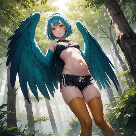 1 female, solo female, harpy, emerald green wings, beautiful detailed wings, bird legs, sharp black talons, tan skin, tomboyish ...