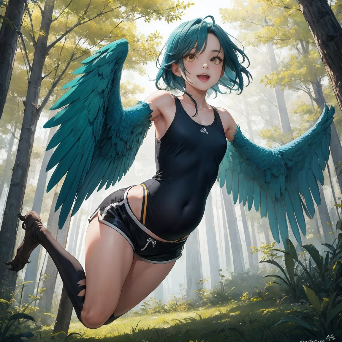 1 female, solo female, harpy, emerald green wings, beautiful detailed wings, bird legs, sharp black talons, tan skin, tomboyish appearance, slim body,  body height, shoulder length green hair, bright yellow eyes, masterpiece, excellent details,sports shorts, flying over a forest, happy expression on face, very detailed,silky blue hair 1 month preganant hands on stomach