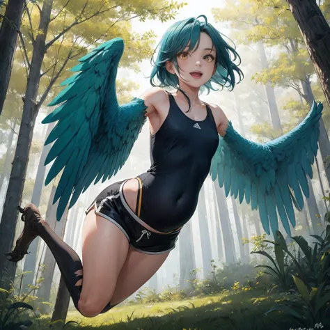 1 female, solo female, harpy, emerald green wings, beautiful detailed wings, bird legs, sharp black talons, tan skin, tomboyish ...
