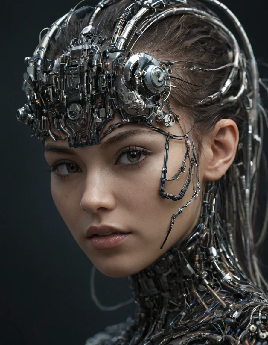 biomechanical cyberpunk Stunningly complex 3D wallpaper featuring a biomechanical young woman., Genuine human skin, her cybernetic body parts blend seamlessly with her natural skin., creating an exciting, but alluring presence, delicate lace, decorating her outfit, luxurious cyberpunk atmosphere, dimly lit detailed eyes, difficult wiring and microchips power her robotic components, Shows every nuance and texture with stunning clarity, every detail of this masterpiece is hyper-realistic, style by Peter Greek and Android Jones, . cybernetics, The fusion of man and machine, dystopian, organic meets artificial, Dark, difficult, very detailed,