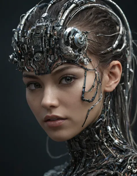 biomechanical cyberpunk Stunningly complex 3D wallpaper featuring a biomechanical young woman., Genuine human skin, her cybernet...
