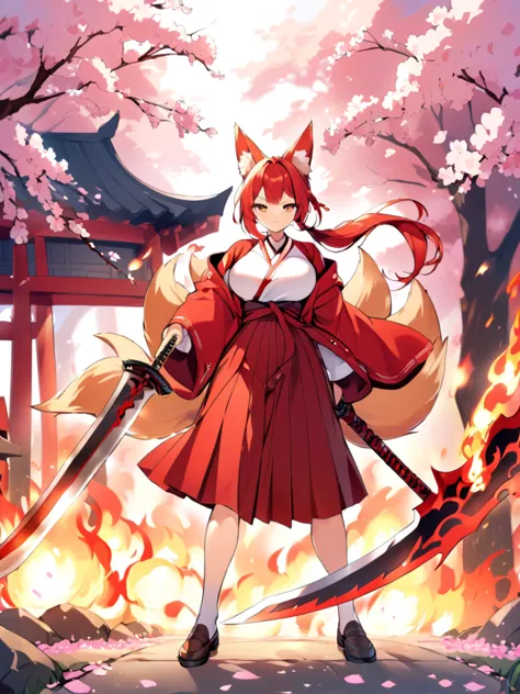 Red long ponytail、Fox ears and nine fox tails of the same color as her hair、A sword with a burning blade、A man wearing a red jac...