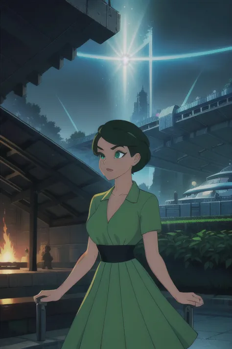 a girl in a green  skirt, crossing a futuristic park, atompunk, in the middle of a futuristic city, outdoors, curved buildings, ...