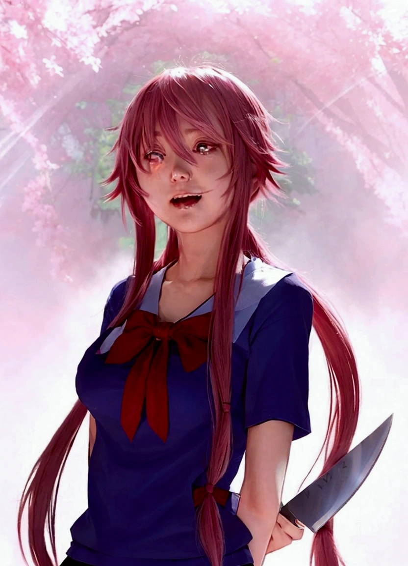 anime girl with long pink hair holding a knife and wearing a blue shirt, gapmoe yandere, iwakura lain, gasai yuno, yandere. tall, yandere, gasai yuno, [[[[gasai yuno]]]], gasai yuno, gasai yumo, mirai nikki 