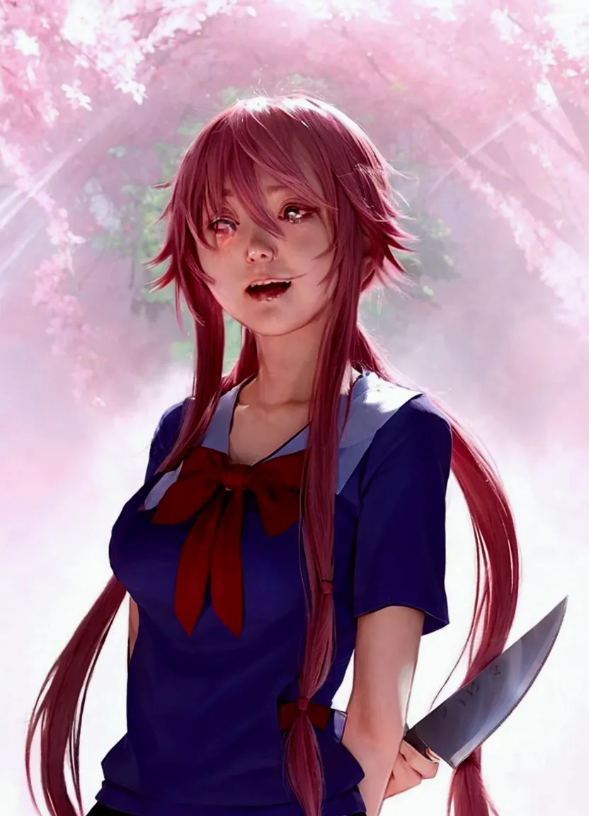 anime girl with long pink hair holding a knife and wearing a blue shirt, gapmoe yandere, iwakura lain, gasai yuno, yandere. tall...
