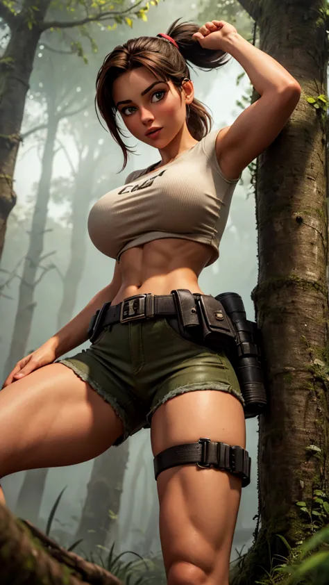 8k, ultra hd, super details, high qualiy, high resolution. lara croft looks beautiful in full body photo, her body is sculptural...