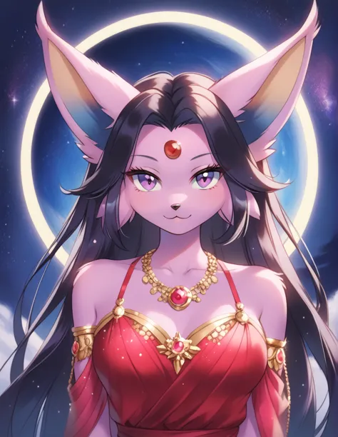 furry espeon, eeveelution, anthro pokemon, beautiful breathtaking tall espeon woman, very long black hair with hair bangs, purpl...