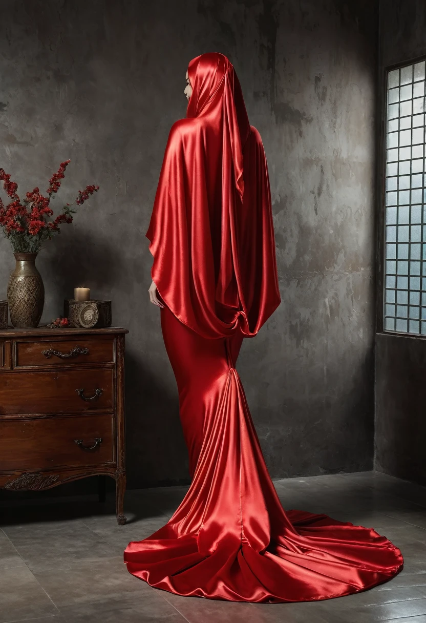 a sexy a woman covered in large red satin cloth, tied tight with the satin cloth, mummified, the satin hanging down very long, a mermaid style gown, wearing a satin hijab, the satin gowb is very long, forming the curve of the body, flowy satin about 4 meter,full body,masterpice, 4k resolution, ultra-realistic, highly detail.