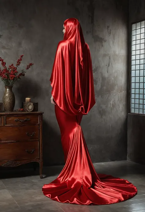 a sexy a woman covered in large red satin cloth, tied tight with the satin cloth, mummified, the satin hanging down very long, a...