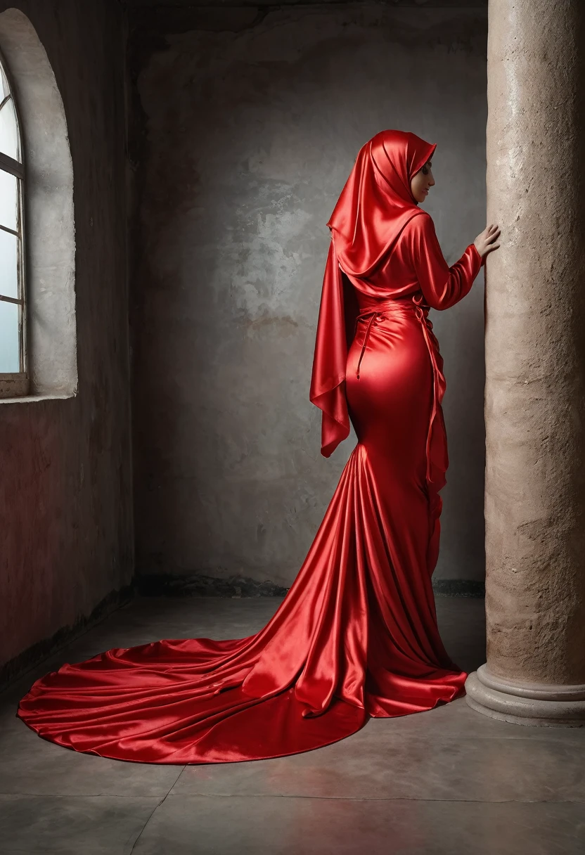 a sexy a woman covered in large red satin cloth, tied tight with the satin cloth, mummified, the satin hanging down very long, a mermaid style gown, wearing a satin hijab, the satin gowb is very long, forming the curve of the body, flowy satin about 4 meter,full body,masterpice, 4k resolution, ultra-realistic, highly detail.