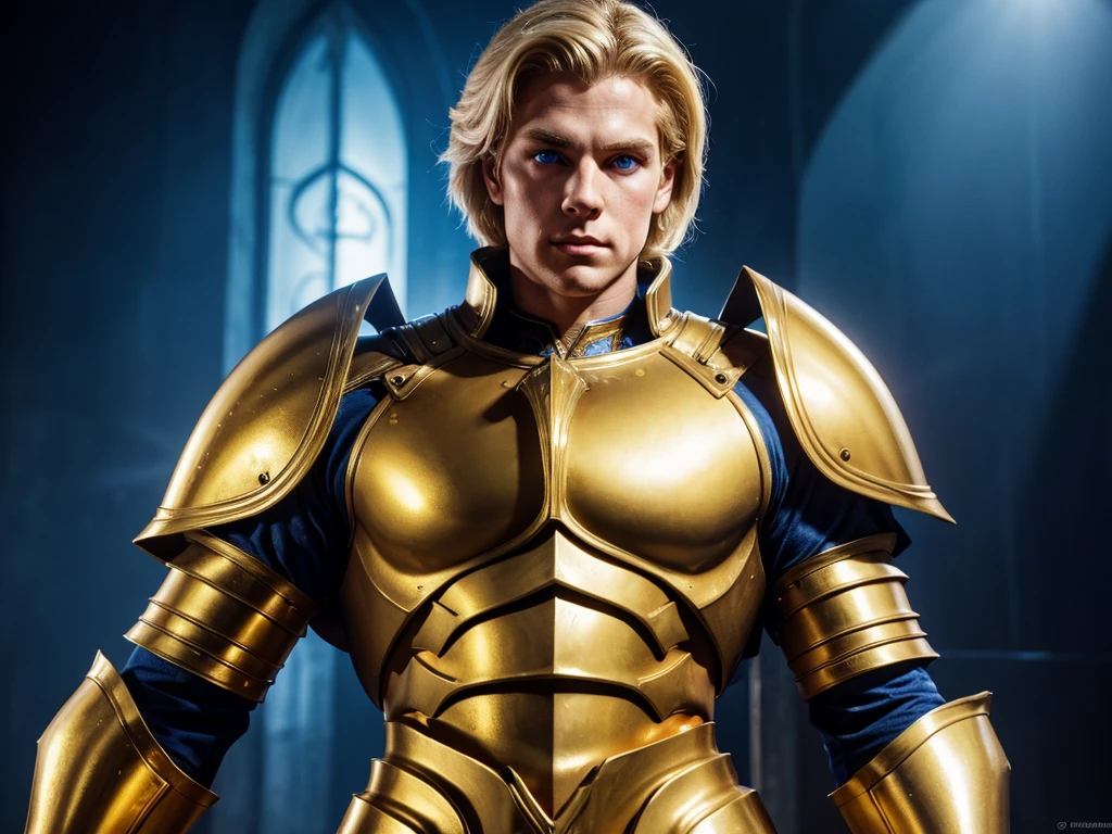 knight with golden armor, muscular, white skin, medium blond hair, blue eyes, double chin, defined jaw, rectangular face, six pack abs, with a ruby ​​splash, dreamcore, dark fantasy, 80s film style image