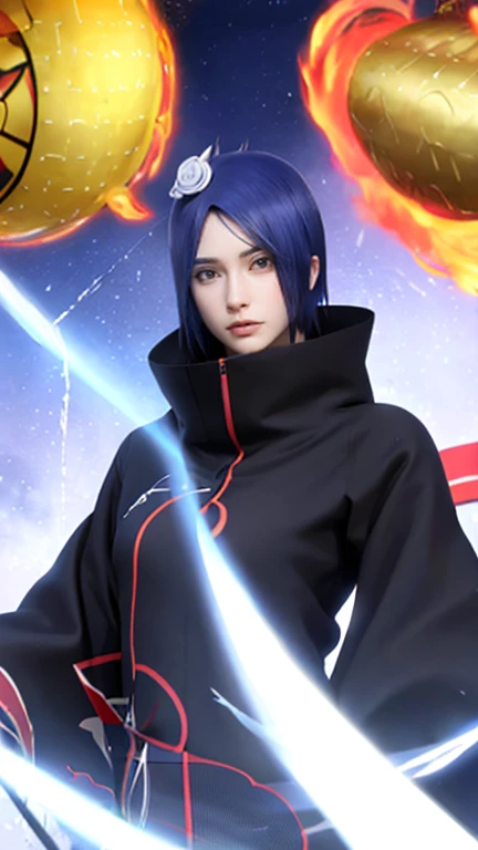 （（（akatsuki outfit，Xiao clothing, ninja, black cloak,black coat, （（（heavy，the woman \(naruto\),the woman, blue hair, Orange pupils, short hair, hair ornament, flower, hair flower, ））），（（（wide hips））），S-shaped body:1.7））），((masterpiece)),high resolution, ((Best quality at best))，masterpiece，quality，Best quality，（（（ Exquisite facial features，looking at the audience,There is light in the eyes，shy，blush，pain，endure ））），（（（Light and shadow interlace，super gigantic ，cleavage））），（（（looking into camera，from above，looking down，looking into camera，white paper airplane，white paper，Hands hidden in sleeves ，sexy body）））