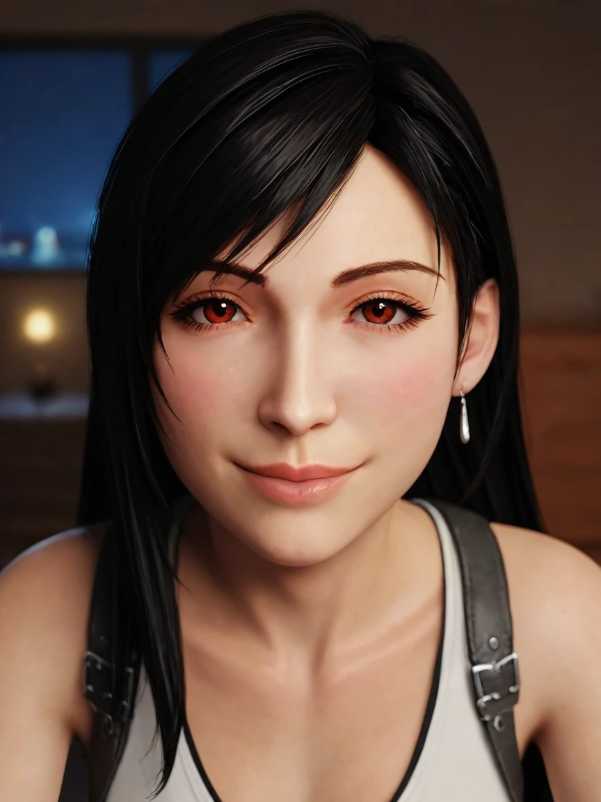 score_9_up, score_8_up, score_7_up, source_3d, blender 3d, detailed 3d, nsfw, detailed body, five fingers, good fingers, Tifa, black hair, long hair, red eyes, Tifa outfit, looking at viewer, pov, realistic, solo focus, soft smile, closed eyes,  face focus, close up, solo focus, background bedroom, (at night, dark, blurry background), (realistic, cinematic, high quality, photorealistic, best quality, ultra detailed)