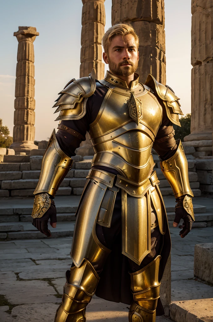 best quality bust shot photo of an heroic man, in medieval armor with short blonde hair, near a ancient greek temple at sunset. (full body armor), (detailed armor, golden armor, high quality), (wings armor) (ornate armor), (gauntlets on hands), (hdr), (noble), inspiring, film grain, cinematic lighting, (hight detailed skin),