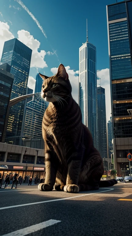 Hyper-realistic digital painting of a giant cat lounging in the middle of a bustling cityscape. The cat's massive size dwarfs the skyscrapers and buildings around it. Pedestrians and vehicles navigate around its paws as it playfully bats at the tops of buildings. The scene captures the contrast between the enormous feline and the tiny, detailed urban environment, creating a whimsical yet awe-inspiring atmosphere. Cinematic composition, trending on ArtStation.