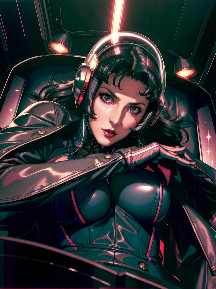 ((gothic vampire piloting in gothic spacecraft)), (((retro anime))), ((from below)), ((120 fov)), ((((gothic)) control panels)), (((mature))), (((gothic))), iridescent bodysuit, (((lace accessories))), ((pilot seat)), ((((lying back)) pose)), (((elegant))), (((serious tone))), ((cockpit top control panel)), intricate control panel details, close-up, 1990s (style), masterpiece, ((claustrophobic)), best quality, screens, ((pilot helmet)), night, low key light, (colorful cockpit lights), sparkles, (dramatic lighting), sweat, [blushing], [[pointy ears]]