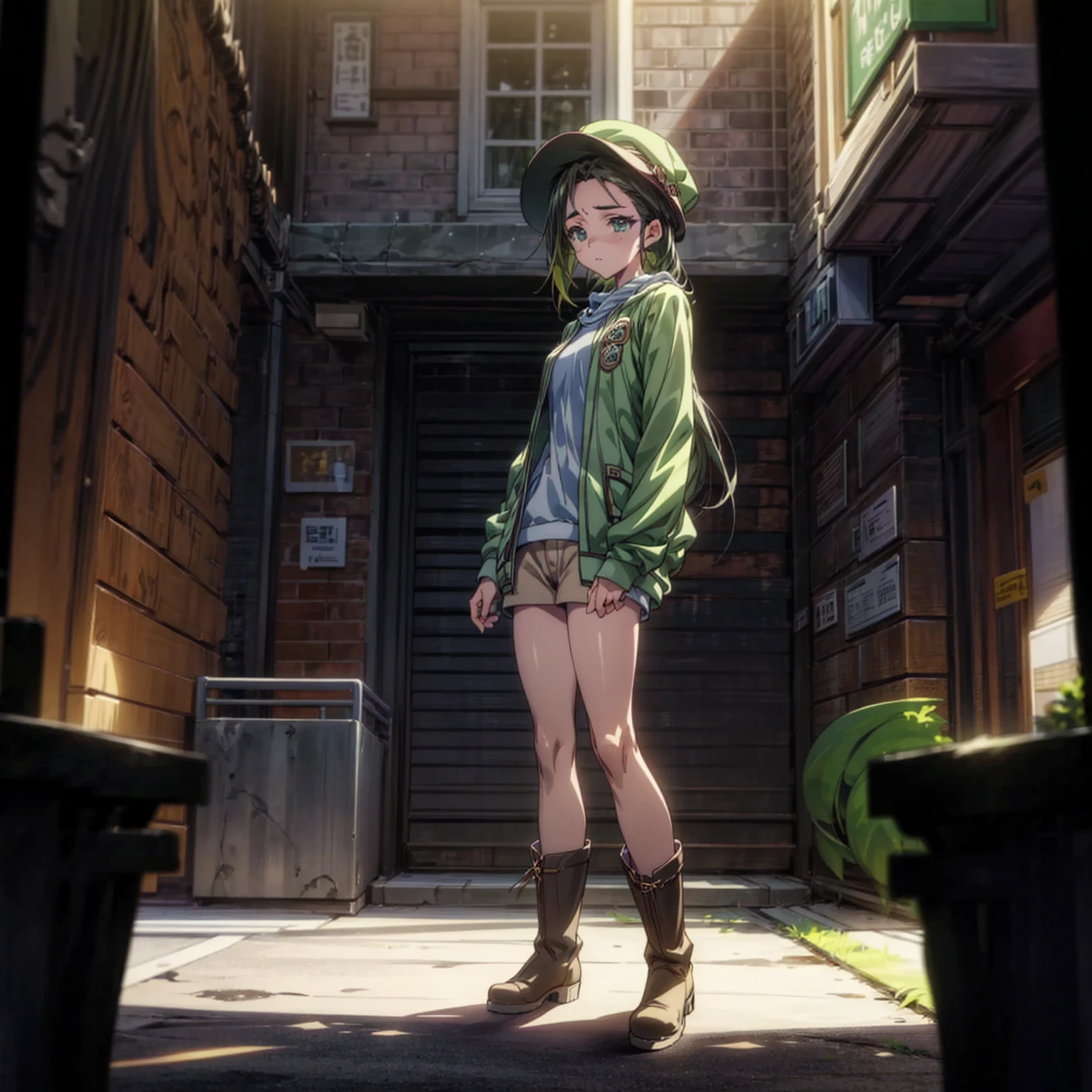 1children girl, Full body version, 1character, green eyes, long haircut, green color hair, casual style clothing, hat, boots, Grassroots, background in city street, motion blur, (detective conan style art), standing gesture, lighting 