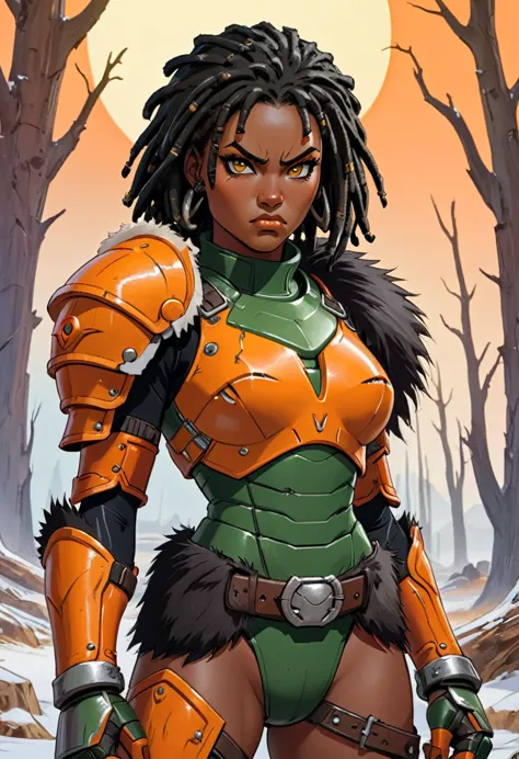  close up of African woman with (short black dreadlocks), short black hair pulled back, wearing a (heavy orange mechanical armor...