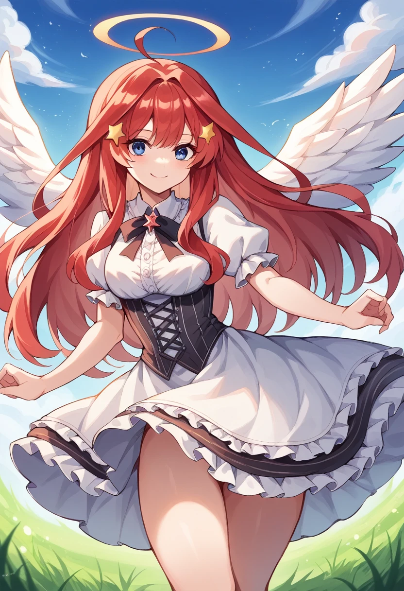 itsuki nakano, bangs, blue eyes, hair between eyes, ahoge, red hair, star \(symbol\), hair ornament, star hair ornament, Red and white dress, Victoria Gothic Lolita Fashion, Lolita Style, , rococo dress, lolita fashion, one-piece,dress,petticoat,dynamic pose, angel wings, frills, tighthighs,halo, blue sky, grassy terrance,smile