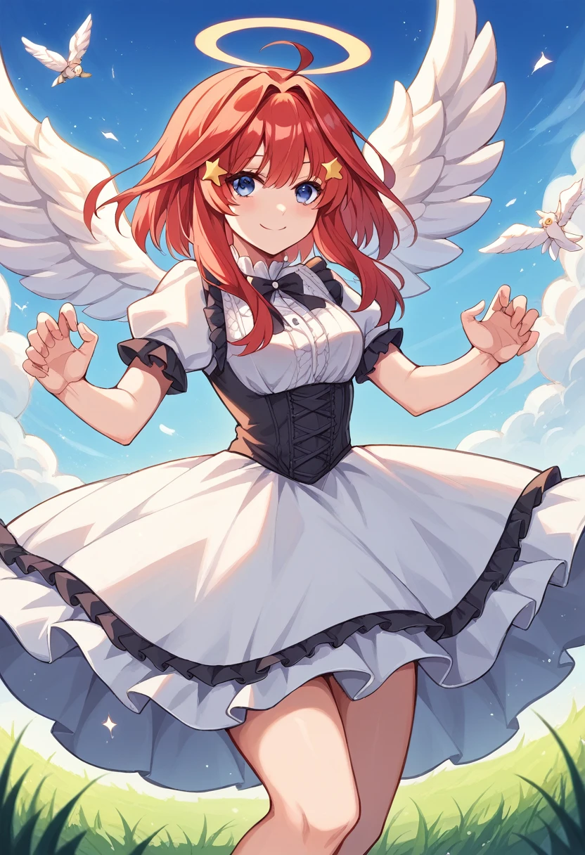 itsuki nakano, bangs, blue eyes, hair between eyes, ahoge, red hair, star \(symbol\), hair ornament, star hair ornament, Red and white dress, Victoria Gothic Lolita Fashion, Lolita Style, , rococo dress, lolita fashion, one-piece,dress,petticoat,dynamic pose, angel wings, frills, tighthighs,halo, blue sky, grassy terrance,smile