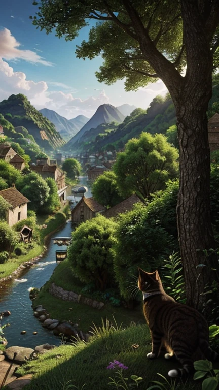 Pintura digital hiper-realista de um gato gigante montando guarda em uma pequena vila situada em um vale exuberante. Os aldeões olham com admiração e gratidão enquanto o gato vigia, seus olhos examinando o horizonte em busca de qualquer ameaça. O pelo do gato é lindamente detalhado, e a vila pacífica, com suas casas pitorescas e caminhos sinuosos, contrasta com a presença imponente do gato. A cena evoca uma sensação de proteção e harmonia entre o felino gigante e os habitantes da aldeia. composição cinematográfica, tendências no artstation.