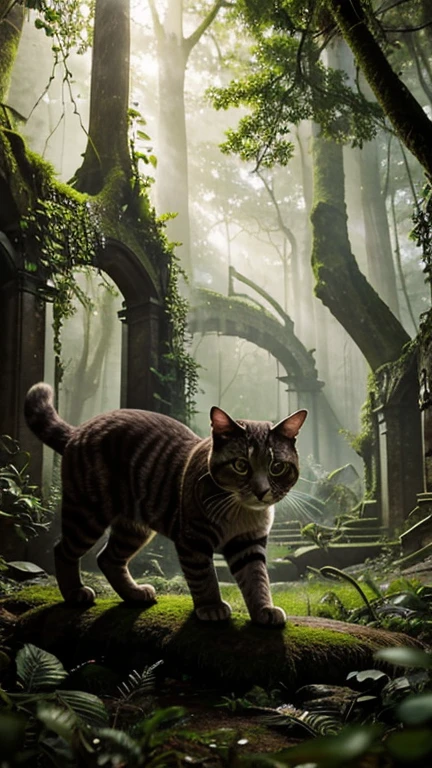 Hyper-realistic digital painting of a giant cat exploring ancient ruins hidden deep in a jungle. The ruins, with their intricate carvings and moss-covered stones, hint at a long-lost civilization. The cat moves gracefully through the ruins, its fur brushing against the ancient structures. Sunlight filters through the dense canopy above, casting dappled light on the scene. The atmosphere is mysterious and adventurous, with the giant cat adding an element of wonder and discovery. Cinematic composition, trending on ArtStation