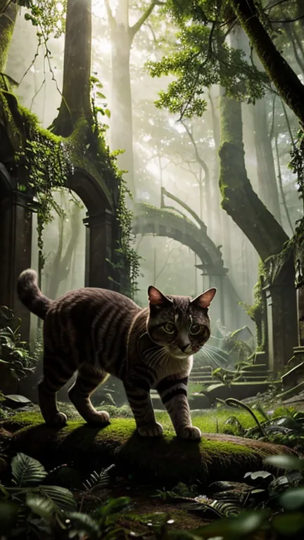 Hyper-realistic digital painting of a giant cat exploring ancient ruins hidden deep in a jungle. The ruins, with their intricate...
