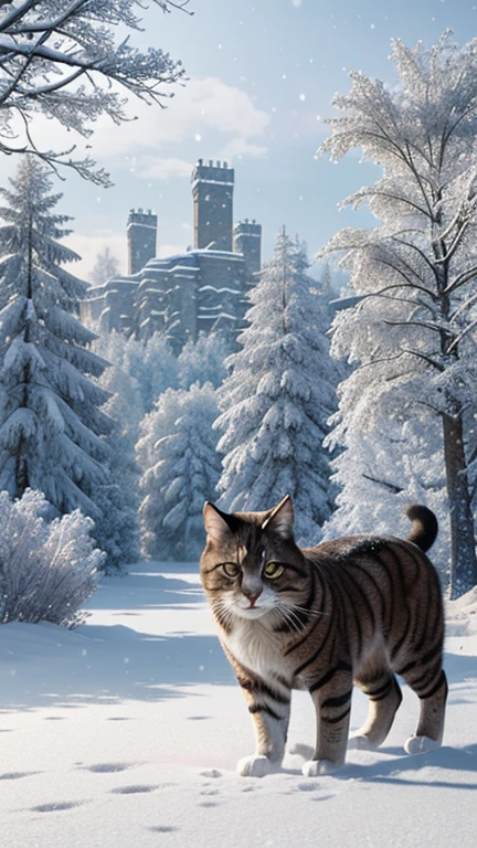 Pintura digital hiper-realista de um gato gigante vagando por uma paisagem nevada, seu pelo coberto de gelo e flocos de neve. O país das maravilhas do inverno é lindamente detalhado, com árvores cobertas de neve, Lagos congelados, e uma suave nevasca. A respiração do gato cria pequenas nuvens no ar frio enquanto ele se move graciosamente pela cena. A atmosfera geral é serena e mágica, capturando a beleza do inverno e a presença majestosa do gato gigante. composição cinematográfica, tendências no artstation.