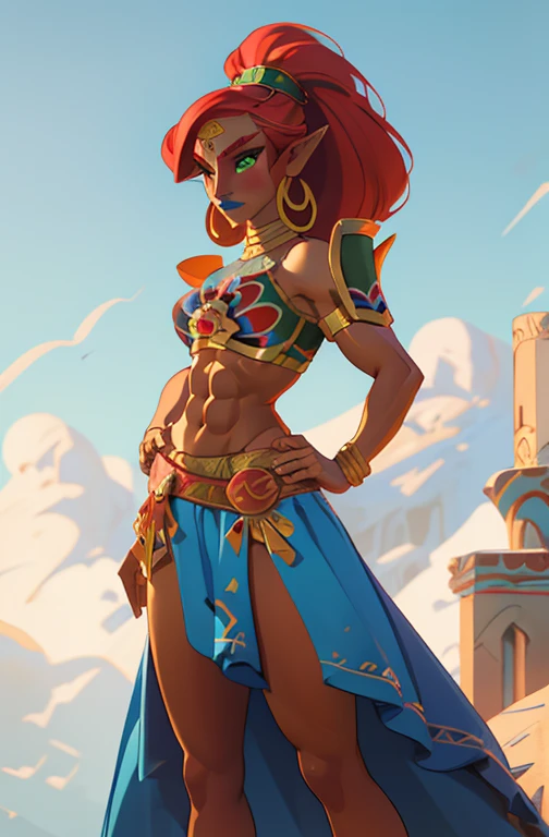 masterpiece, best quality,dynamic pose, solo, absurdres,scenery,        GAME_Gerudo_urbosa_aiwaifu, aiwaifu69,tall_female,Urbosa, large breasts,abs, armor, blue lips, very long hair, circlet, crop top, dark-skinned female, dark skin, earrings, green eyes, hoop earrings, jewelry, long hair, long skirt, makeup, midriff, muscular, muscular female, narrowed eyes, navel, neck ribbon, pointy ears, print skirt, red hair, ribbon, shoulder armor, side slit, swept bangs, tan, wide ponytail, big hair,  wide hips, toned, curvy, gerudo,ornate,