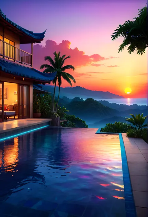 a high quality image of a serene (hot night) scene with vibrant colors and soft sunset lighting, 8k resolution, hyper detailed w...