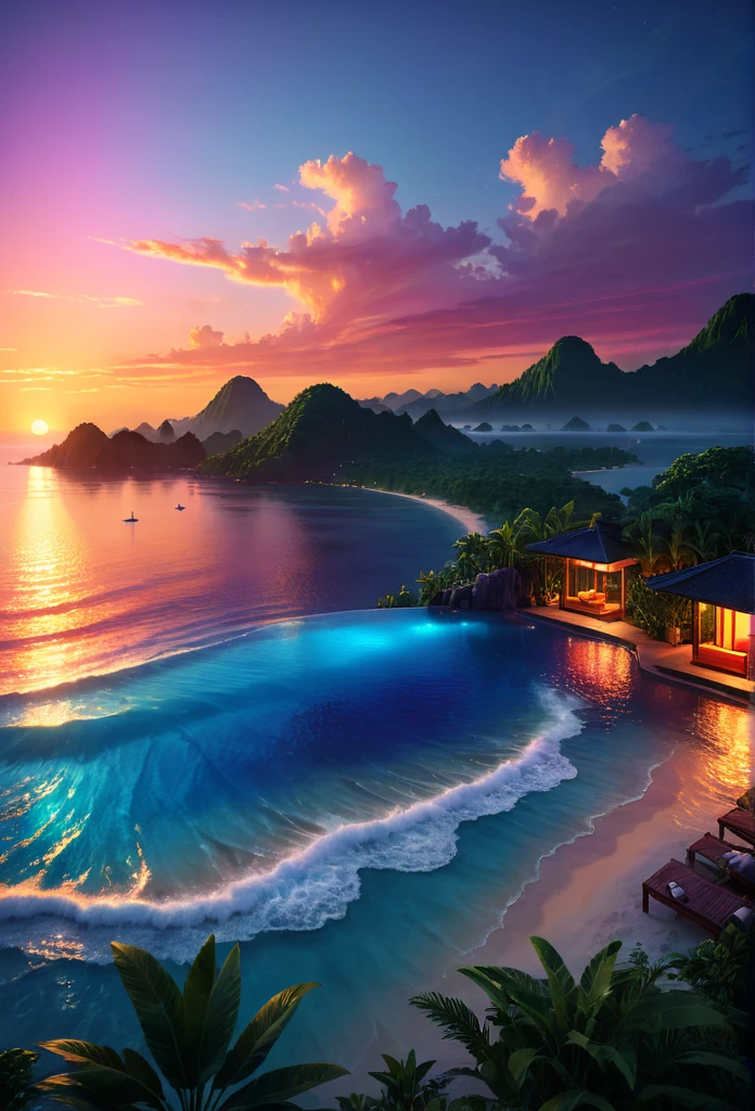 A high quality image of a serene (hot night) scene with vibrant colors and soft sunset lighting, 8k resolution, Hyper detailed with complex textures and realistic details, inspired by the impressive work of (David Luong).