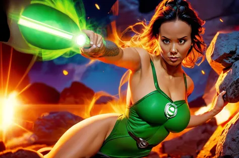 lexa doig (age 25) is a green lantern (sexy green lantern costume, stomach exposed, breasts overexposed), she is on an asteroid ...