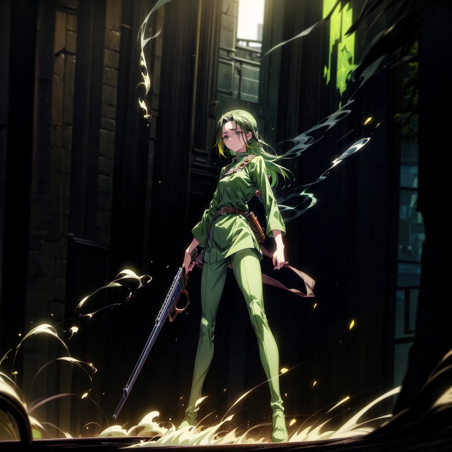 1girl, Full body version, 1character, green eyes, long haircut, green color hair, soldier style clothing, black color clothing, brown boots, Grassroots, background in city street, motion blur, lighting, (detective conan style art), standing gesture, shotgun in hand, fire effect, smoke effect, 