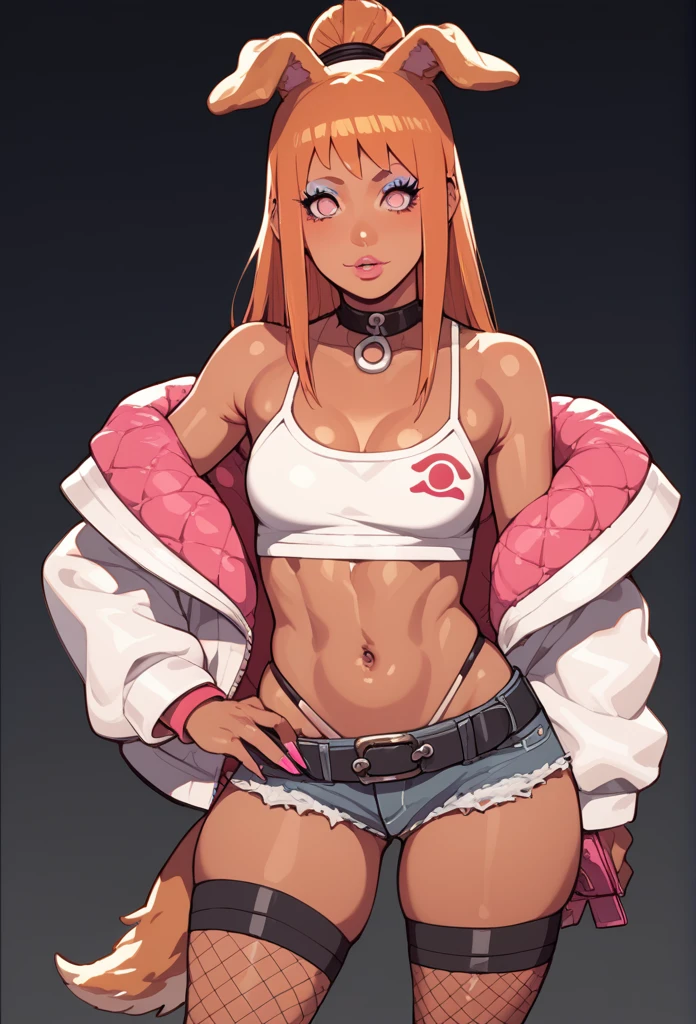 Score_9, score_8_up, score_7_up, score_6_up, source_anime, rating:general, 1girl, Sakura Haruno\(Naruto\), slutty_clothes, makeup, jewelry, camisole, dog ears, dog tail, dark skin, metallic tan, pink eyeshadows, long eyelashes, parted lips