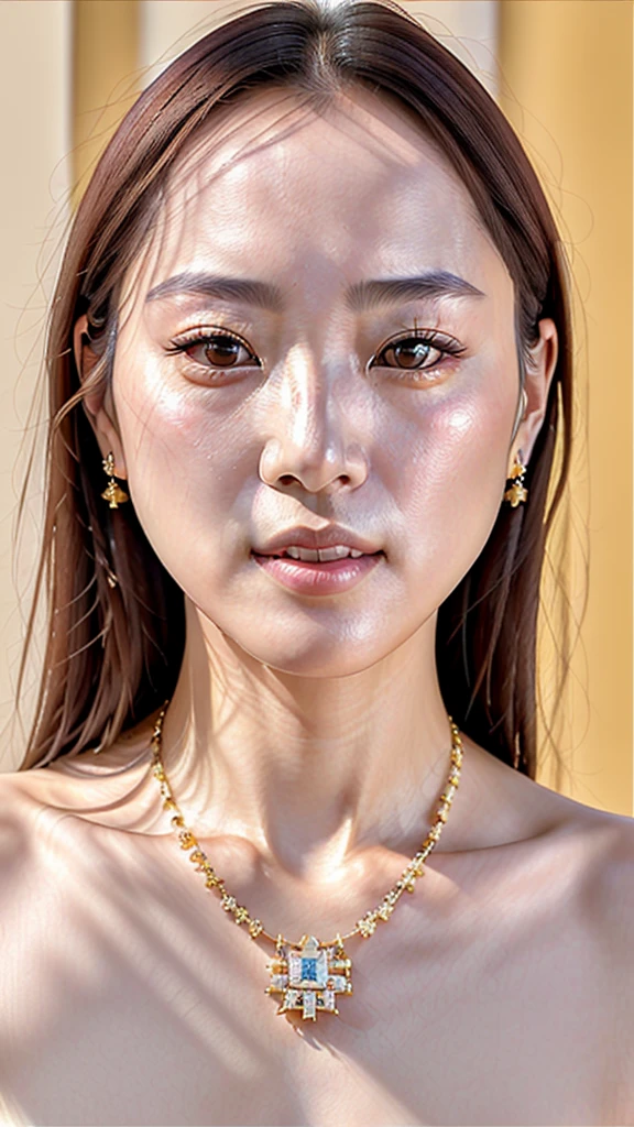 A Korean woman with long hair, smooth and dark, a pale skin, dark brown eyes, small-nose, small and fleshy mouth, wearing a designer dress and gold and diamond jewelry, small wrinkles and expression lines showing that you are an older person