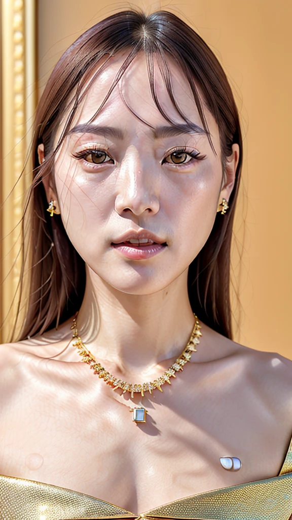 A Korean woman with long hair, smooth and dark, a pale skin, dark brown eyes, small-nose, small and fleshy mouth, wearing a designer dress and gold and diamond jewelry, small wrinkles and expression lines showing that you are an older person