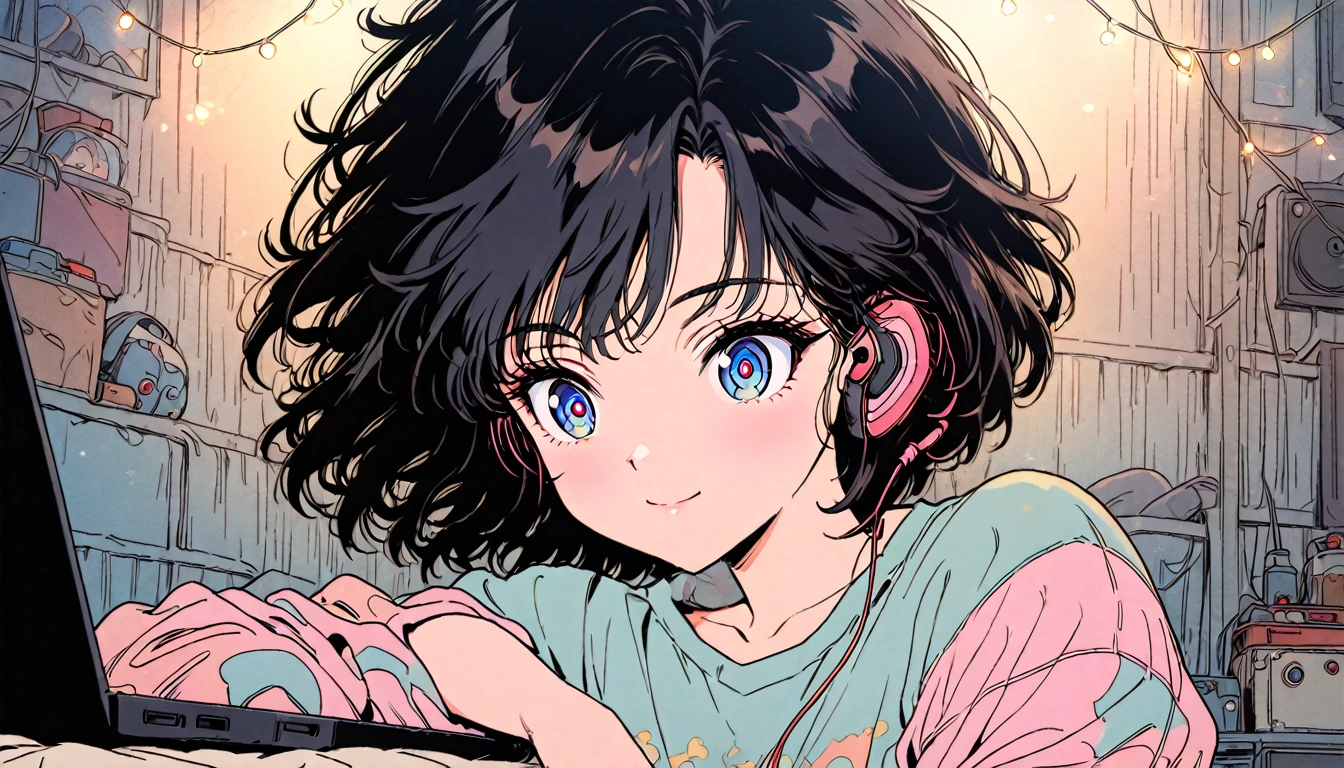 Beautiful 1girl, solo, gentle smile on her face flat chest, short hair, black hair, blue eyes, (detailed eyes), 8k photo portrait of a cool woman wearing headphones and pastel sweatshirt , working on laptop , Sitting on bed in big cozy messy room with many string lights at night , very detailed , Studio Ghibli , akira toriyama , Thiago Gillard , Impacto Genshin , The pixiv fan box is hot these days , acrylic palette knife , 4K , vivid colors , Shooting from a distance