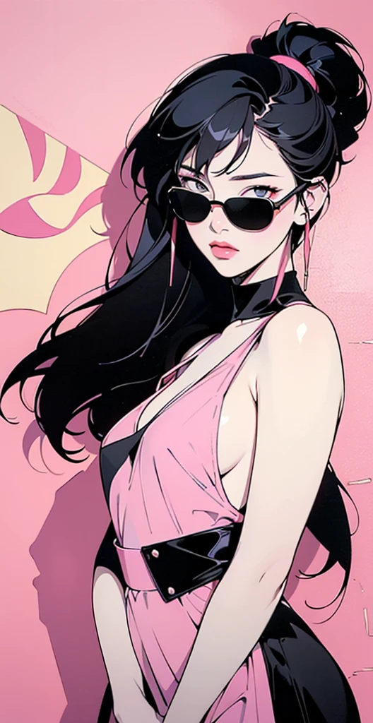 ((Lisa Black Pink)) in a dress standing in front of simple background, up close, ((Art style by Patrick Nagel)), ((8k, wallpaper, detailed)), dark sunglasses, korean pop-star, black hair, pretty hands, fringe, simple red background, palm trees, (graffiti wall:1.2), strong, courageous, art by Patrick Nagel, album art cover