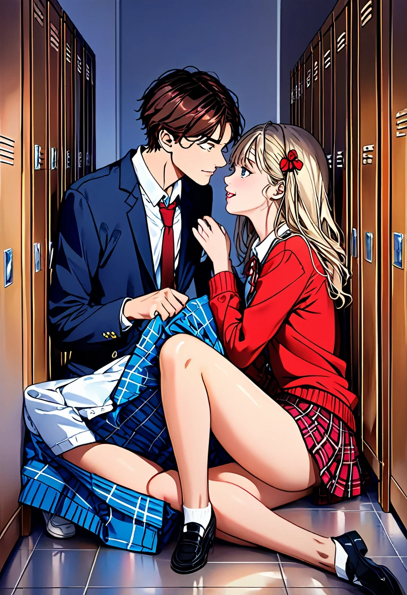 (best quality,ultra-detailed,realistic:1.37),humor,comic style,bold lines,vibrant colors, Romantic comedy, high school couple getting along in a school locker, A boy and a girl face each other in close contact, the girl was not wearing a blazer, but a blouse and ribbon, and a pleated checked miniskirt.