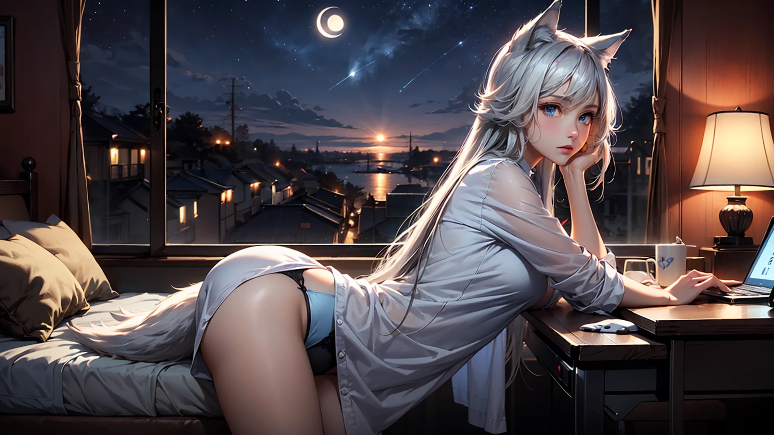 Create a visually stunning image of a gorgeous anime wolf girl with long silverish hair and striking blue eyes. She is leaning on her bed, gazing out the window at the starry night sky. She wears a silky see-through shirt and panties, highlighting her ethereal beauty. The moonlight streams through the window, illuminating her serene expression and the delicate features of her outfit. Her room is a blend of modern and nerdy, with a gaming PC, gaming desk, ergonomic chair, and various anime posters and collectibles, creating a cozy and inviting atmosphere.