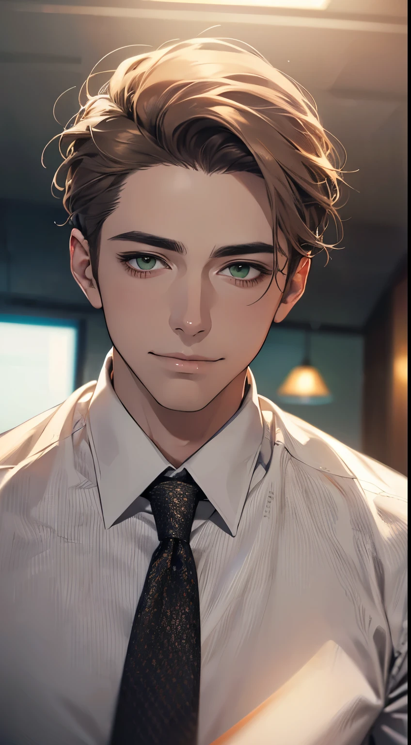 (Highest quality,4K,8K,High resolution,masterpiece:1.2),Super detailed,(Realistic,photoRealistic,photo-Realistic:1.37),1 person,34 years old,Mature Men,Beautiful skin、very handsome,Expressionless smile in love,Short gray brown hair,green eyes,Sharp Eyes,A perfect face without a doubt,Businessman, CEO, Office Background,Cinema Lighting,HDR image,tie、