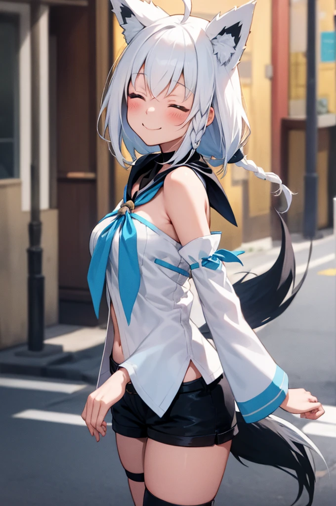 masterpiece, best quality, white hair, single side braid, ahoge, fox tail, fubukidefault, white blouse, [[midriff peek]], detached sleeves, black short shorts, blue neckerchief, thigh strap, single thighhigh, walking, looking at viewer, from side, smile, closed eyes, happy, , city street