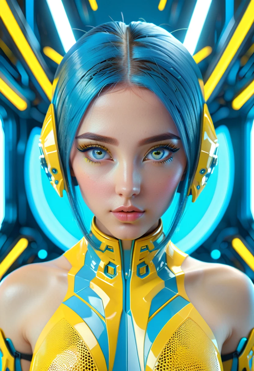 Beautiful neofuturistic woman, Same Ol’ Mistakes, symmetrical portrait, cute eyes, full-body symmetrical portrait, artstation, character concept art, cgsociety, 3drender, highly detailed 8k, octane render, cinematic scene, bright blue and yellow, sci